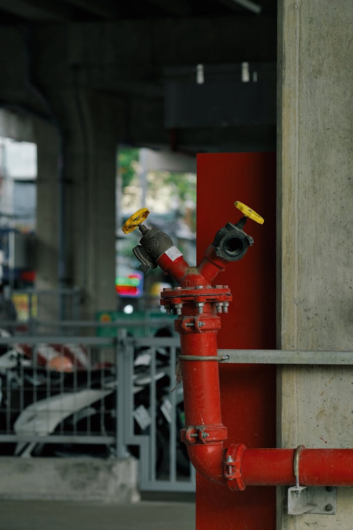 Close-up of a bright red fire hydrant in a modern urban environment, perfect for architectural themes.